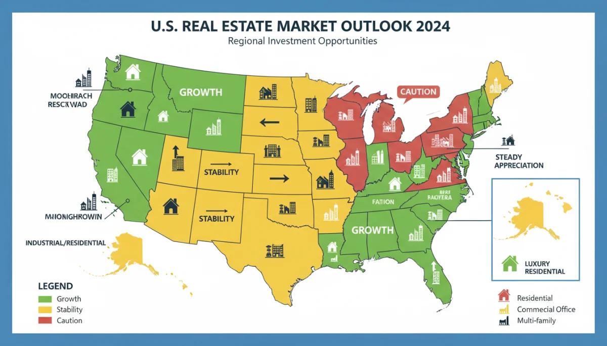 US map infographic showing regional real estate market conditions and investment types.