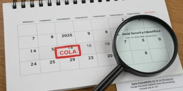 Calendar 2025 with COLA highlight and magnifying glass on Social Security document