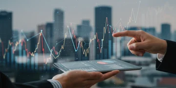 Financial charts showing market volatility with digital data overlays and a hand pointing to a diversified investment portfolio on a tablet.