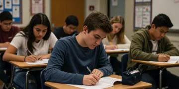 High school students taking a standardized test for 2025 college admissions in the U.S.