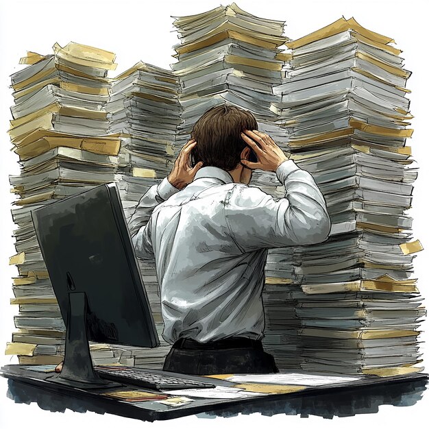 A person looking stressed while surrounded by stacks of paperwork and documents, symbolizing the challenges of navigating the degree validation process. The scene is realistic and relatable.