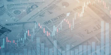 Financial charts with 2025 calendar and tax forms background