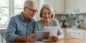 Senior couple comparing 2026 Medicare Advantage plans on a tablet, smiling and engaged.