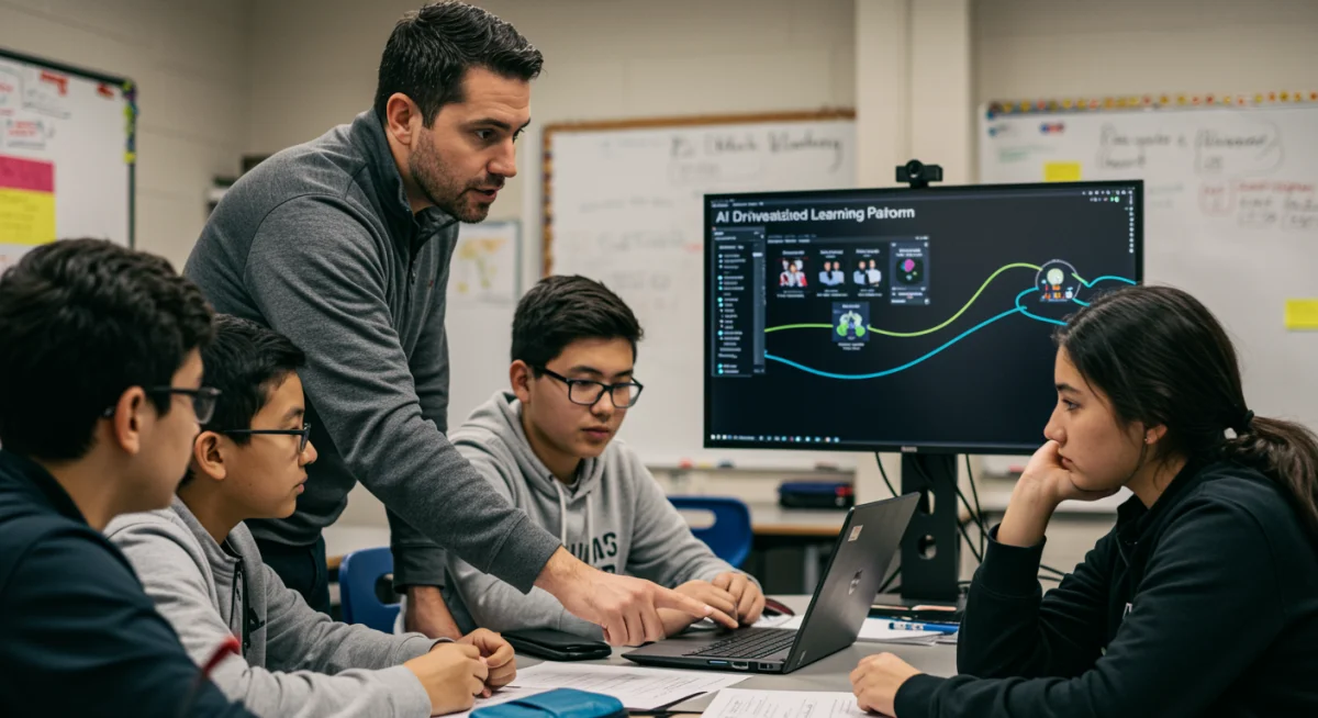 Educator guiding students through AI personalized learning