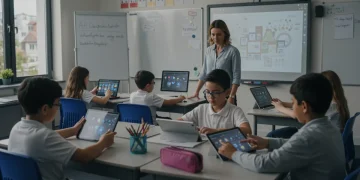 Students learning with AI tools in a modern K-12 classroom