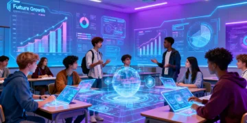 Students learning about future job market trends with advanced technology