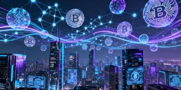 Futuristic cityscape with blockchain and digital currency symbols