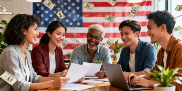 Small business owners collaborating, discussing federal grant applications for 2026