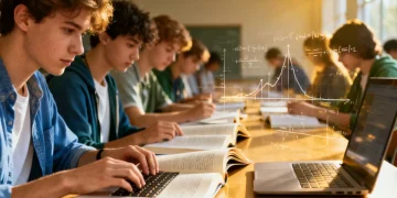 Students preparing for 2026 standardized tests with study materials.