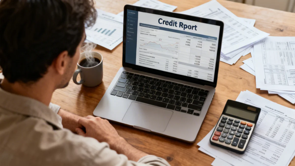 Person reviewing credit report on laptop, analyzing financial data