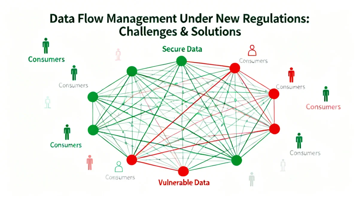 Complex data network showing secure and vulnerable data points under new regulations.