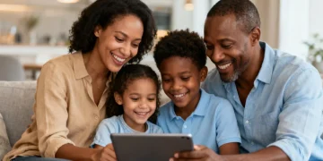 Happy family reviewing finances on a tablet, symbolizing financial well-being from tax credits.