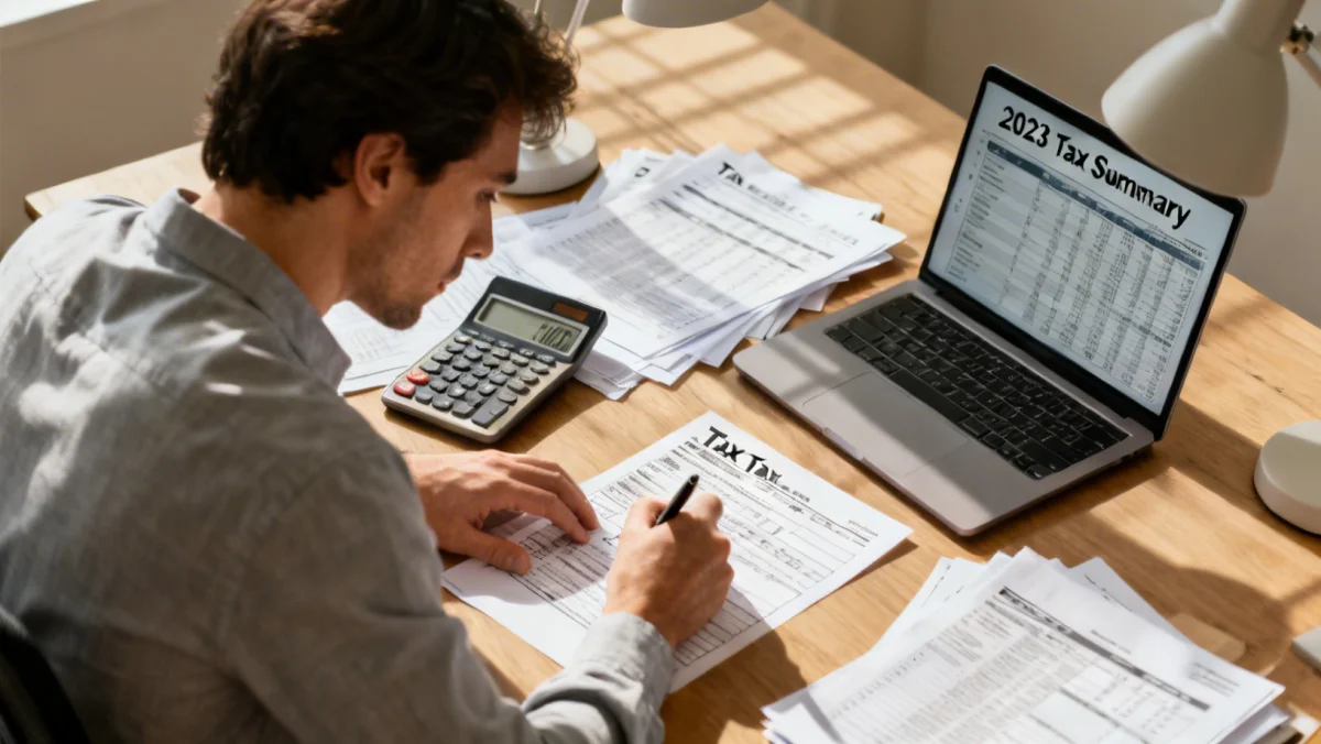 Person carefully preparing tax documents and forms.