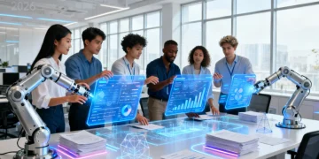 Professionals interacting with automation in a futuristic office, representing the 2026 workforce
