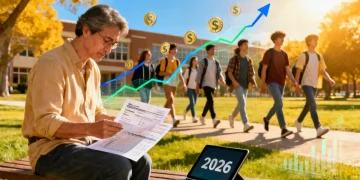 Parents reviewing 529 plan documents for college savings in 2026 with students in background.
