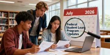 Students reviewing federal student loan documents and calendar for July 2026 updates