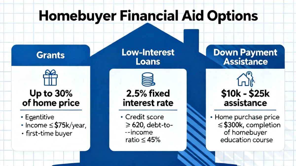 Infographic detailing homebuyer financial aid options like grants and low-interest loans for 2026.