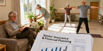 Seniors in a care facility with financial documents, symbolizing long-term care insurance planning