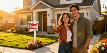 Couple holding house keys in front of their new home, symbolizing successful homeownership in 2026.