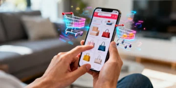 Hands holding a smartphone making online purchases in Q4 2025, reflecting consumer spending shifts.