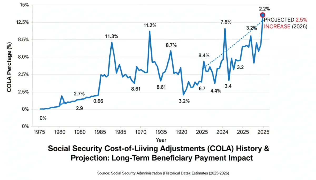 Historical COLA adjustments graph showing 2.5% increase for 2026