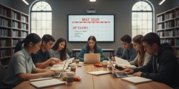 Students preparing for 2026 AP exams in a library setting