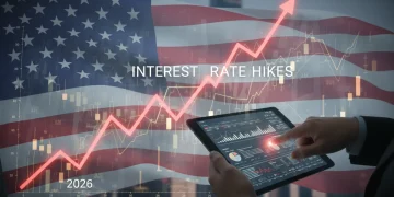 Graph showing rising interest rates over financial charts with a 2026 overlay.