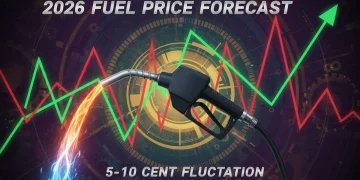 Gas pump with fluctuating price graph, symbolizing 2026 fuel price volatility.