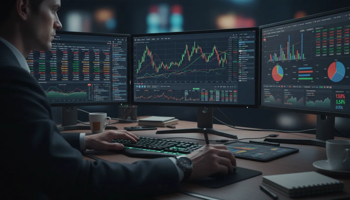Financial analyst adjusting investment portfolio on multiple screens.
