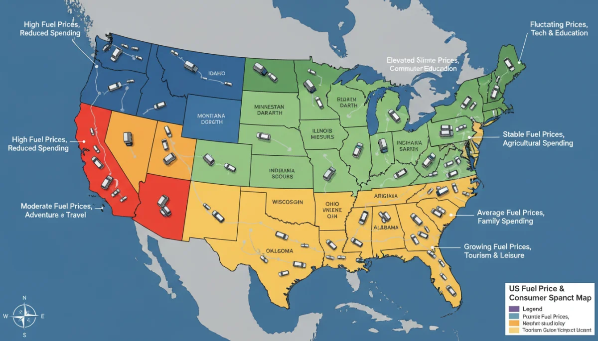 Map of US showing regional fuel price impacts and consumer spending.
