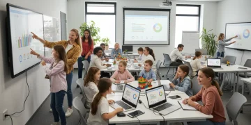 Students learning in a modern classroom, benefiting from new education funding.
