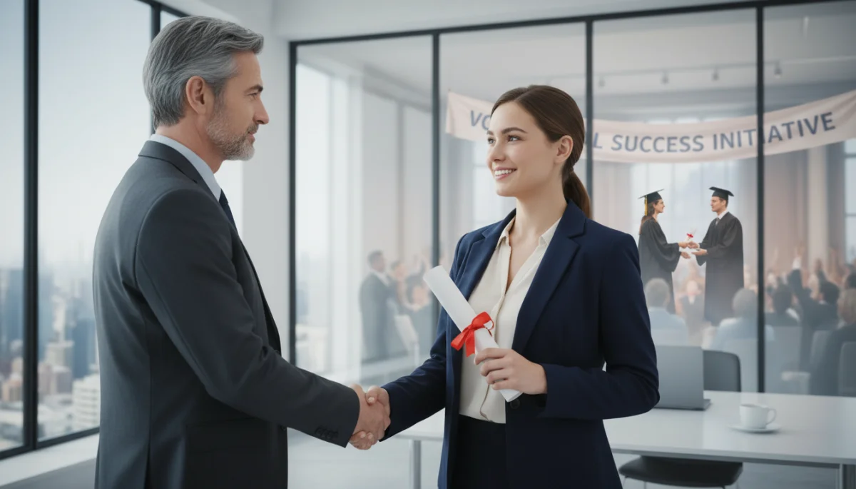 Professional holding vocational certificate shaking hands with employer, graduate receiving university diploma