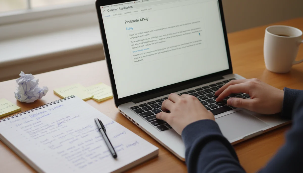 Student writing Common App essay on laptop