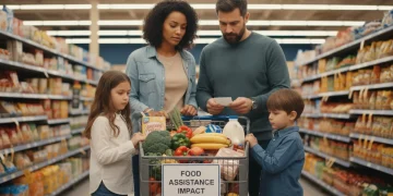 Family considering groceries, symbolizing SNAP benefit adjustments and food budget planning.