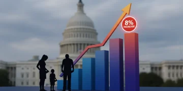 Graph showing an 8% increase in healthcare premiums by 2026, with a family silhouette expressing concern.
