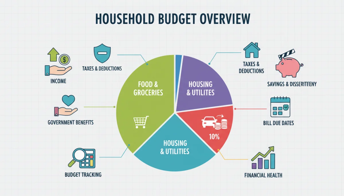 Infographic illustrating a household budget with food expense breakdown, reflecting SNAP calculations.