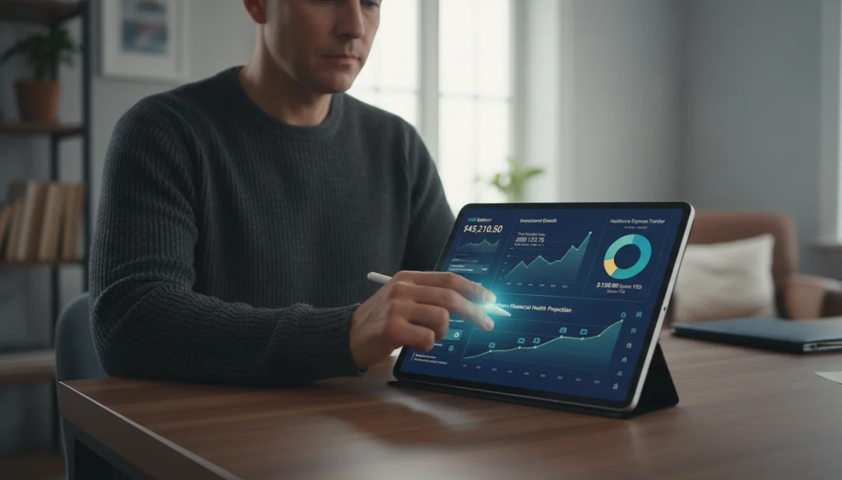 Digital financial dashboard showing HSA investment growth and healthcare expense tracking