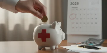 Hand putting coins into a medical cross piggy bank for HSA savings in 2026