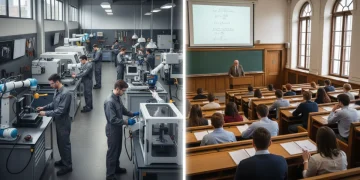 Students in vocational training workshop and university lecture hall, symbolizing educational paths