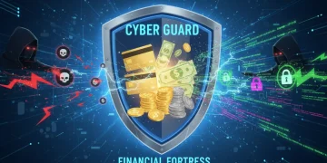 Cybersecurity shield protecting financial data from digital threats
