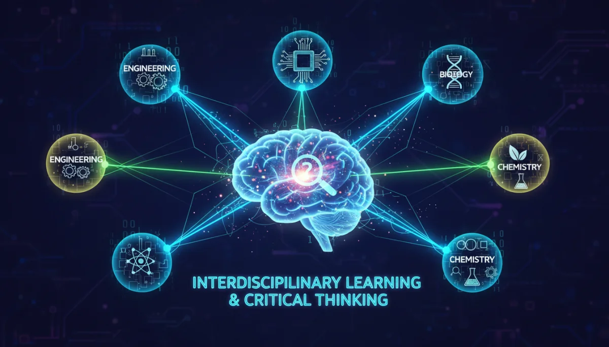 Digital illustration of interconnected STEM fields emphasizing interdisciplinary learning