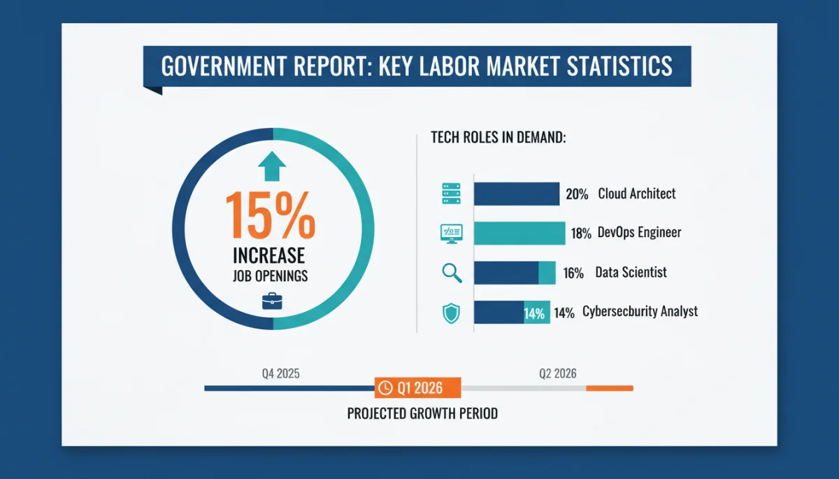 Infographic detailing the 15% increase in tech job openings and key data points from the Q1 2026 government report.