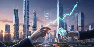 Modern cityscape with financial charts overlaying, symbolizing real estate investment opportunities in 2026.