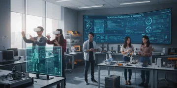Students collaborating on robotics and VR in a modern STEM lab, symbolizing future education