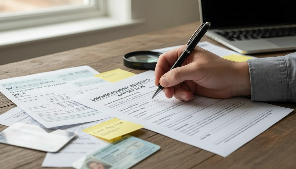 Hand accurately filling out 2026 unemployment application form
