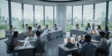 Students engaging in a hybrid learning environment in 2026, with both physical and virtual components