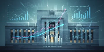 Federal Reserve building with financial charts and graphs, representing interest rate projections.
