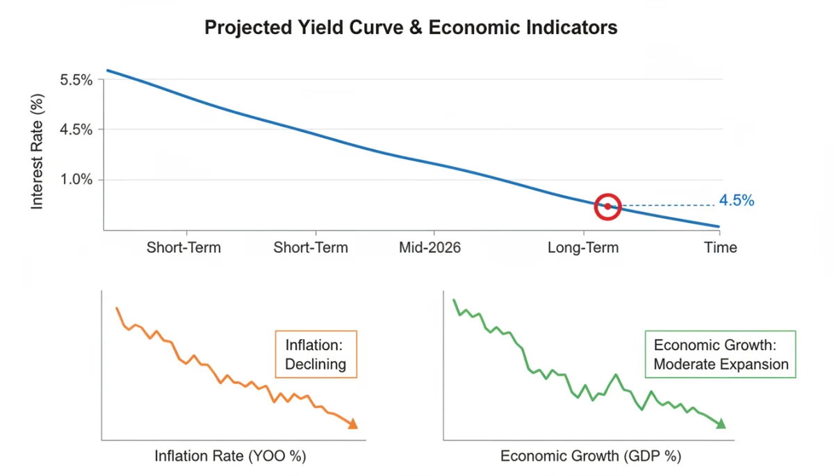 Interest rate projection chart showing a 4.5% target for mid-2026 with economic indicators.