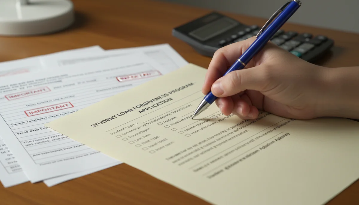 Person meticulously filling out a student loan forgiveness application form