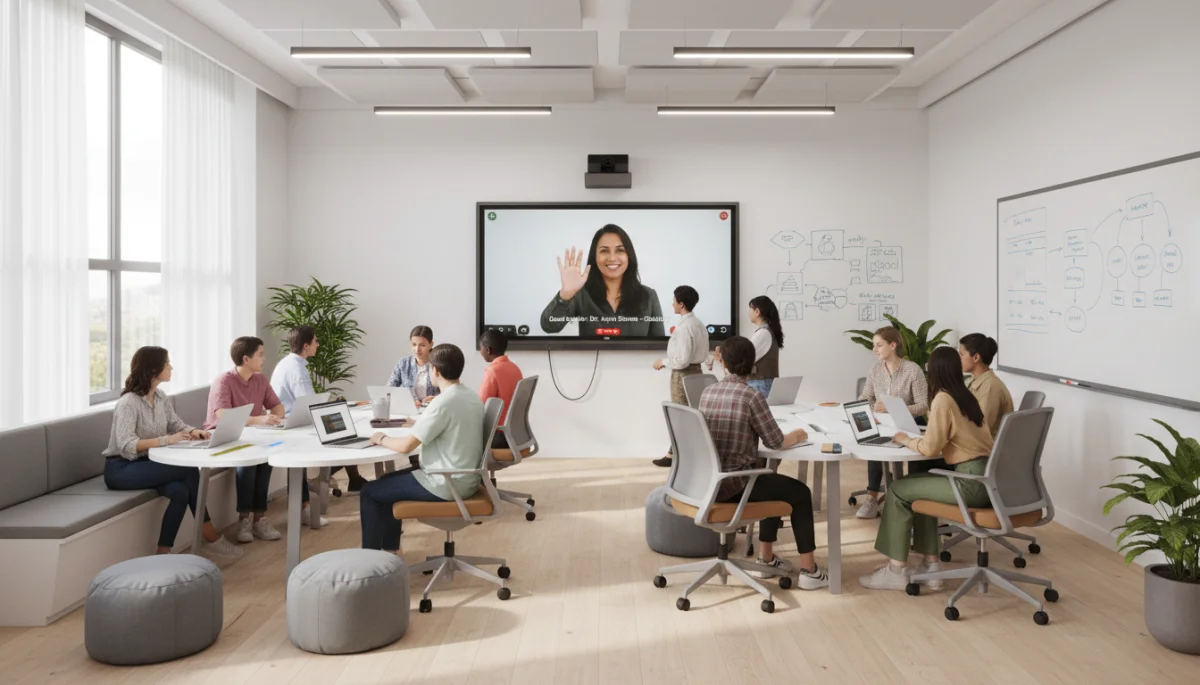 Modern classroom with students collaborating in a hybrid learning setup